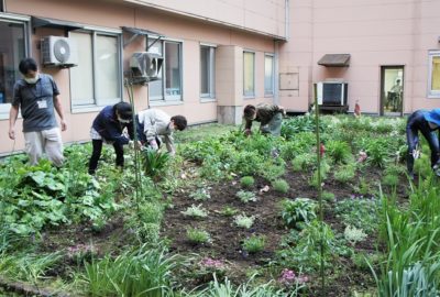 新庄病院の「グリーンサム」－中庭の花植え